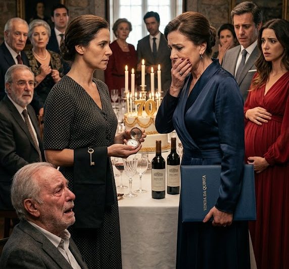 🍷 NO JANTAR DE 70 ANOS DO MEU PAI, A MINHA MADRASTA PÔS-ME UM AVENTAL E DISSE QUE “FILHAS DE CRIADA NÃO SE SENTAM COM HERDEIROS”. O MEU IRMÃO ANUNCIOU A VENDA DA QUINTA QUE EU SALVEI DA FALÊNCIA. O MEU PAI FICOU CALADO NA CADEIRA DE RODAS. EU SÓ ABRI O RELÓGIO DE BOLSO DO MEU AVÔ… E A VOZ LÁ DENTRO DISSE QUE A MULHER ENTERRADA COMO MINHA MÃE NÃO ERA A MINHA MÃE. 🕰️
