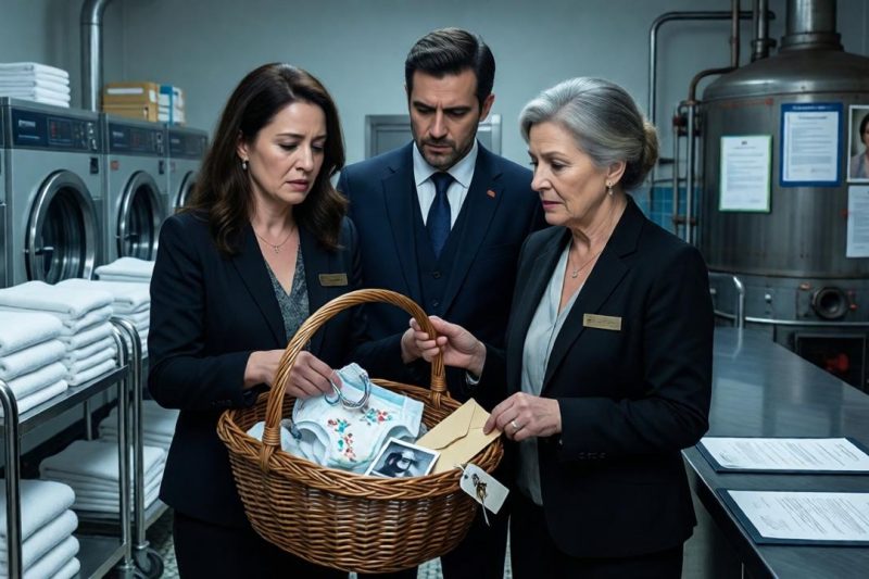 🧺 NO DIA EM QUE A MINHA FAMÍLIA INAUGUROU A LAVANDARIA INDUSTRIAL, A MINHA MÃE MANDOU-ME FICAR NA ZONA DAS TOALHAS E DISSE QUE “FILHA COM CHEIRO A LIXÍVIA NÃO CUMPRIMENTA DONO DE HOTEL”. A MINHA IRMÃ ASSINOU O CONTRATO COM O PLANO QUE EU ESCREVI. O MEU MARIDO DOBROU-LHE A GOLA DA BLUSA COMO SE JÁ CONHECESSE O PESCOÇO DELA. EU SÓ ABRI O CESTO DE VERGA DA MINHA AVÓ… E ENCONTREI DENTRO A FRALDA DA CRIANÇA QUE FOI TROCADA POR UM SERVIÇO DE LENÇÓIS DE LUXO. 🧺