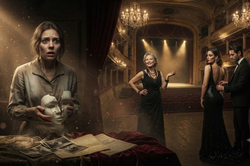 🎭 NO DIA EM QUE A MINHA FAMÍLIA REABRIU O TEATRO ANTIGO, A MINHA MÃE MANDOU-ME FICAR NOS CAMARINS E DISSE QUE “FILHA COM CHEIRO A PÓ DE CORTINA NÃO APARECE DIANTE DE MECENAS”. A MINHA IRMÃ SUBIU AO PALCO COM O TEXTO QUE EU ESCREVI. O MEU MARIDO AJUSTOU-LHE O FECHO DO VESTIDO COMO SE JÁ CONHECESSE AS COSTAS DELA. EU SÓ ABRI A MÁSCARA DE GESSO DA MINHA AVÓ… E ENCONTREI DENTRO A FITA DO BEBÉ QUE FOI TROCADO POR UMA ESTREIA LOTADA. 🎭