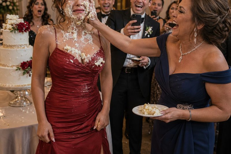 Quando minha sogra me jogou um pedaço de bolo na cara na frente de todos no meu próprio casamento, eu olhei para o meu marido esperando que ele me defendesse… mas ele estava gravando e rindo: “Não faz drama”, ele disse, sem saber que aquela humilhação iria destruir o sobrenome dele.