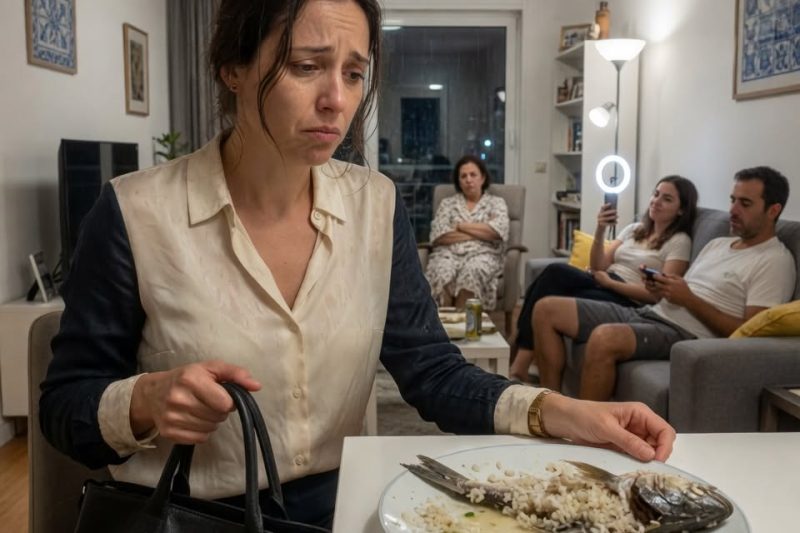 L’épouse rentra trempée après 15 heures de travail et trouva une simple arête de poisson pour dîner ; lorsqu’elle demanda un peu de respect, sa belle-mère lança : « Ici, la famille mange en premier. »