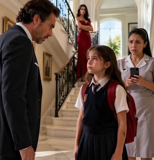 Uma menina esperou o dia inteiro na mansão porque a mãe estava há três meses sem receber salário e, quando viu o patrão, perguntou-lhe: «Porque mentiu à minha mãe?» Ele não gritou. Limitou-se a chamar o contabilista, sem imaginar que a própria esposa escondia um segredo ainda pior.