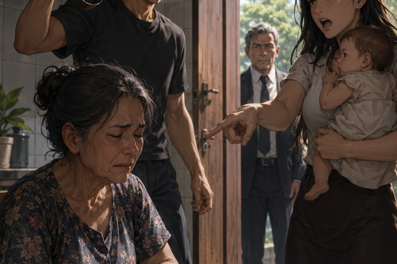 FINAL 🚨 O próprio filho ergueu o cinto para obrigá-la a entregar a casa. A nora apertou a bebê contra o peito e ameaçou: “Assine ou nunca mais verá sua neta.” Dona Zuleide fechou os olhos, certa de que seria espancada dentro da cozinha que construíra com o próprio suor. Então a campainha tocou — e uma voz do lado de fora fez o rosto do filho perder toda a cor. 🚨