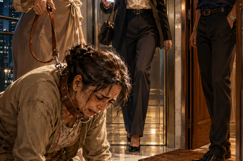 PARTE 3:  Ela saiu do elevador e encontrou a mãe ajoelhada, com uma coleira apertando seu pescoço. A sogra mandava que ela latisse para aprender “qual porta gente da roça deveria usar”. O marido apareceu, viu a idosa tremendo e bateu na própria esposa. Minutos depois, um alerta de uma clínica obstétrica revelou que aquela humilhação era apenas a primeira peça de uma traição monstruosa.