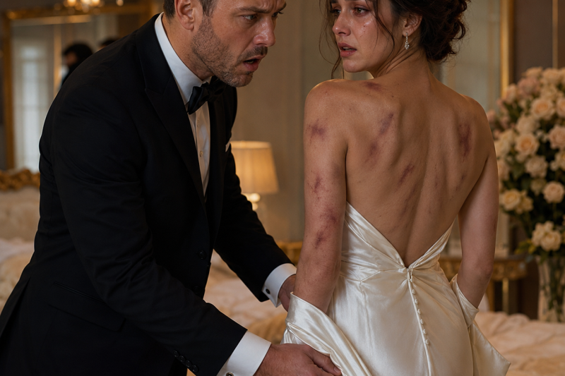 Na noite do nosso casamento, puxei delicadamente o vestido de noiva da minha esposa para baixo — e fiquei paralisado ao ver as longas cicatrizes marcadas em seu corpo. “Quem fez isso com você?”, sussurrei. Ela tremeu. “Meu padrasto. Ele disse que ninguém acreditaria em mim.” Beijei sua testa e fiz uma ligação. Ao amanhecer, a polícia já tinha a gravação dele, sua conta bancária estava congelada, e o monstro que a aterrorizara por anos implorava pelo nosso perdão.