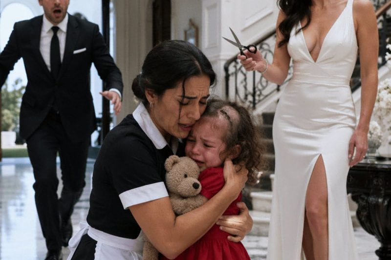 Minha noiva pegou uma tesoura durante nossa festa de noivado e cortou o cabelo da filha da empregada diante de 40 convidados; a menina sussurrou: “Eu fiz alguma coisa errada?” Eu apenas fiquei em silêncio, abri uma foto antiga… e entendi que aquela humilhação escondia um segredo impossível.